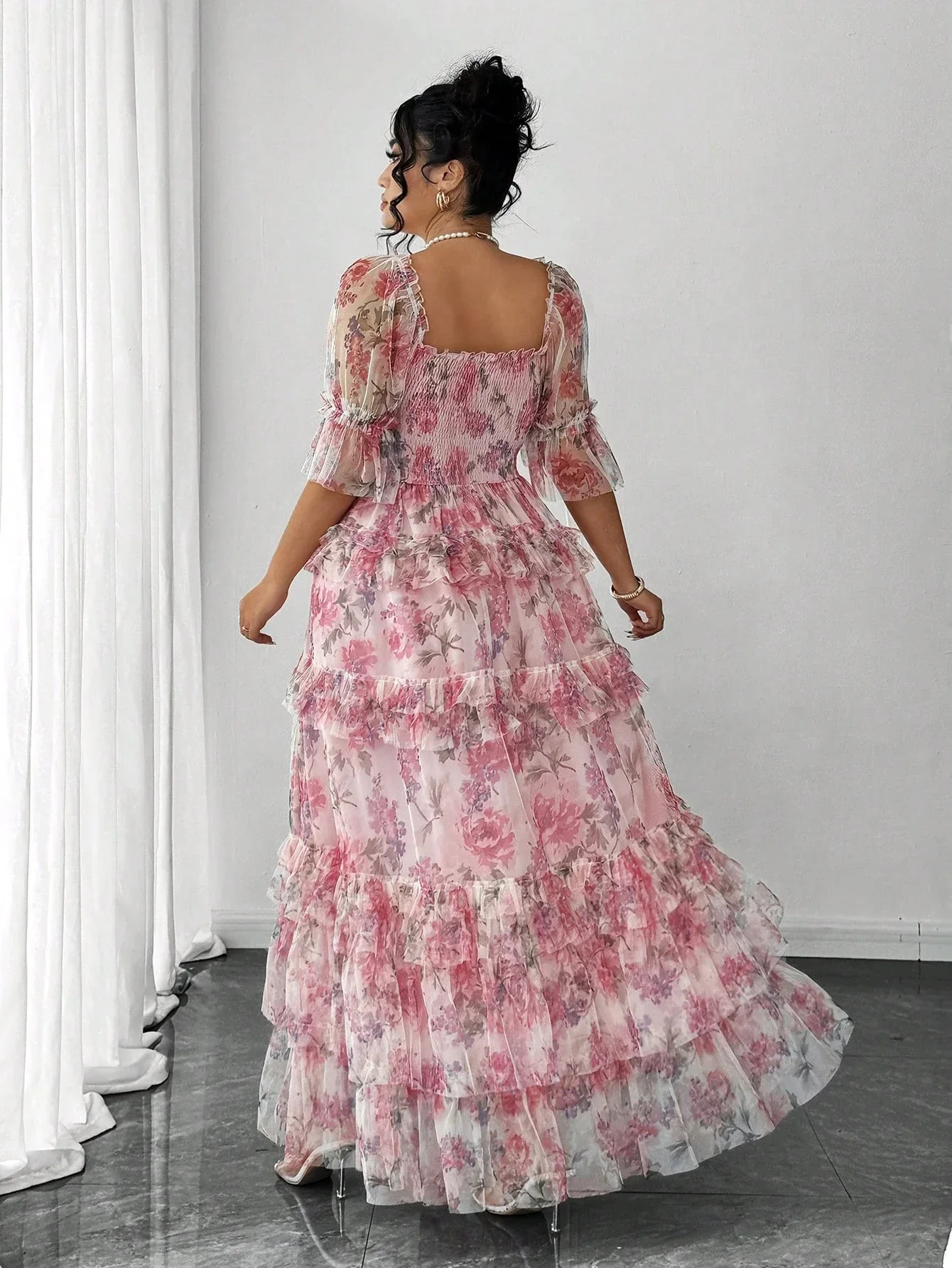 Plus Size Women Elegant Romantic Floral Print Mesh Inlay Knitted New Dress - Image 2
