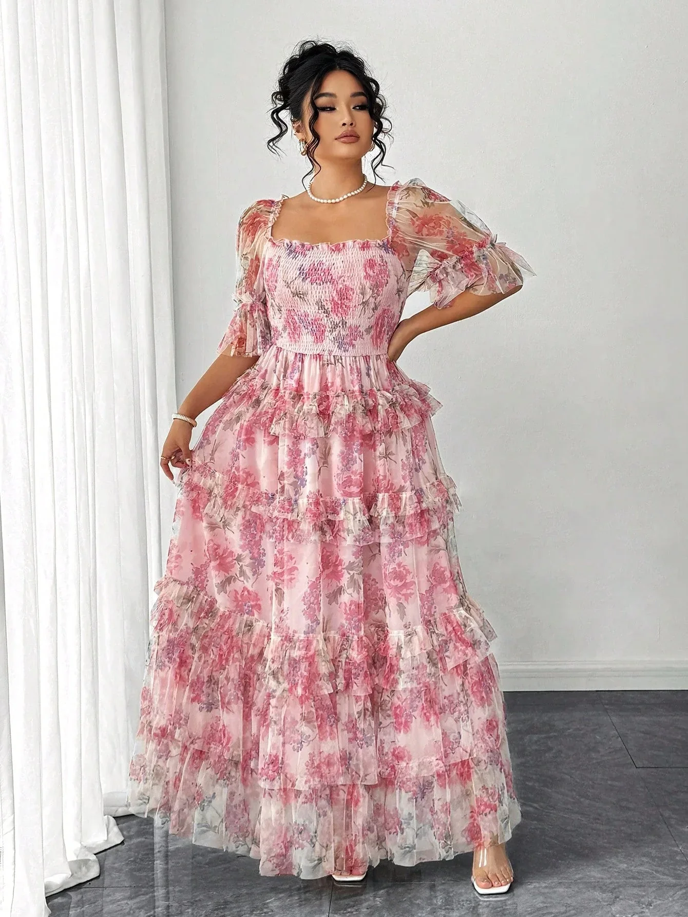 Plus Size Women Elegant Romantic Floral Print Mesh Inlay Knitted New Dress - Image 3