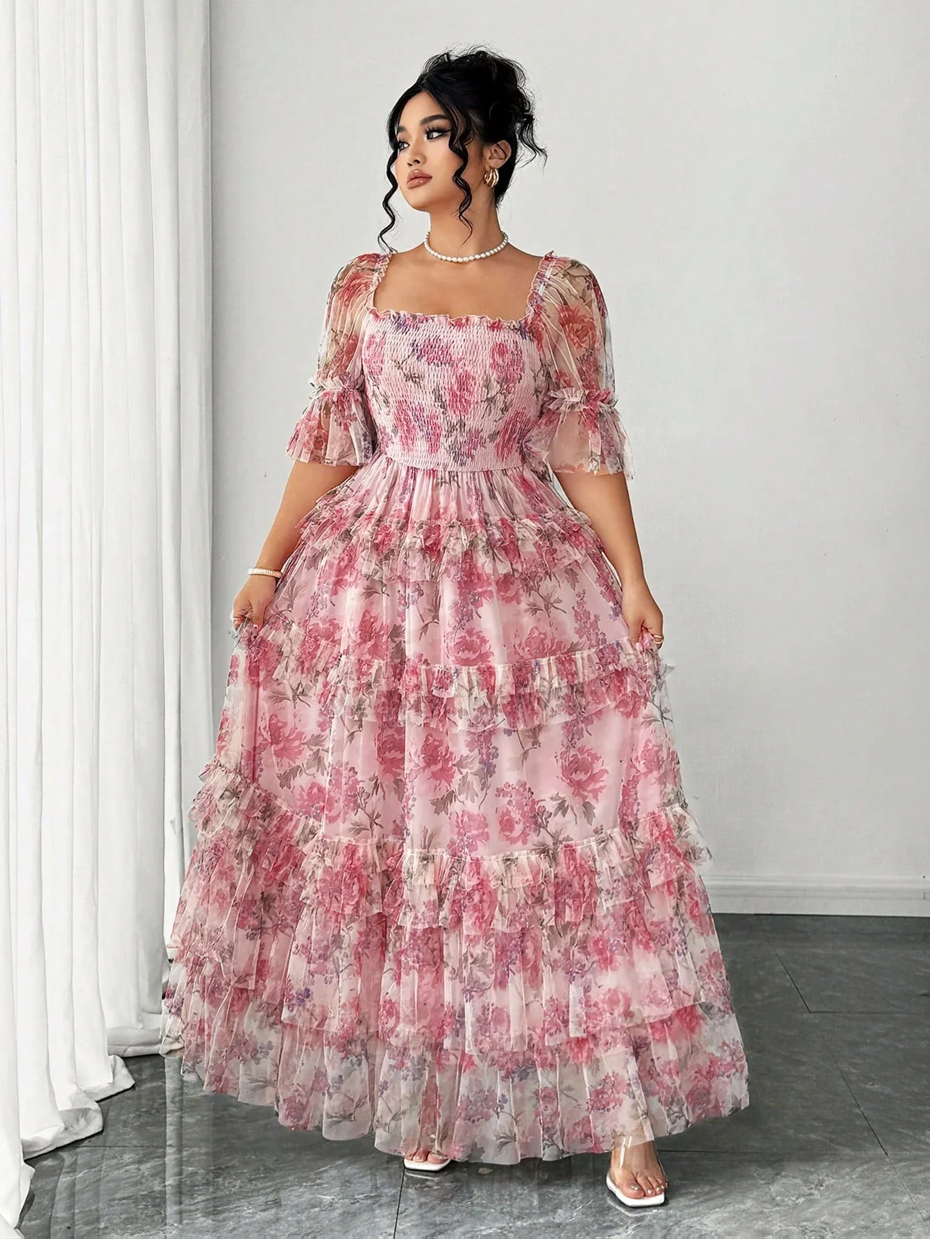 Plus Size Women Elegant Romantic Floral Print Mesh Inlay Knitted New Dress - Image 6
