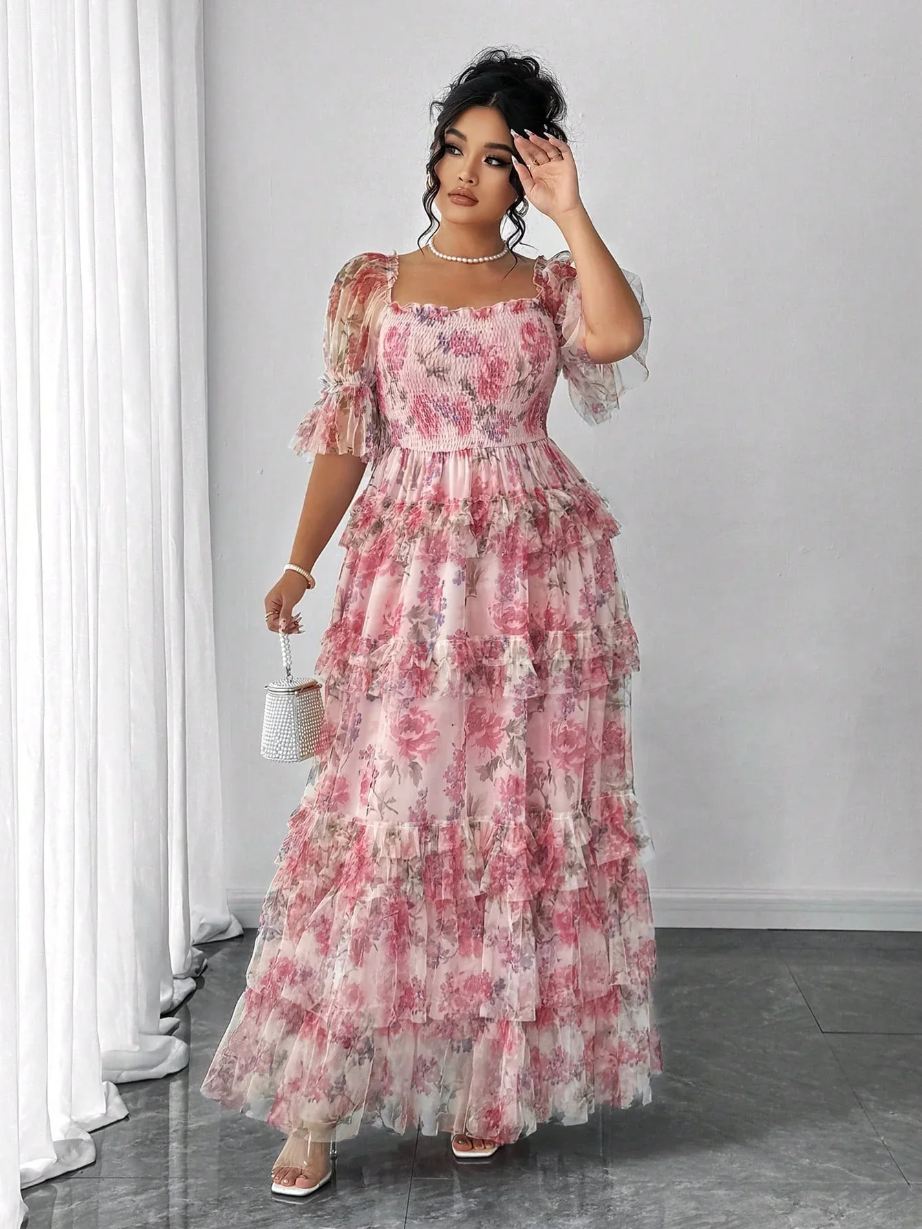 Plus Size Women Elegant Romantic Floral Print Mesh Inlay Knitted New Dress - Image 7