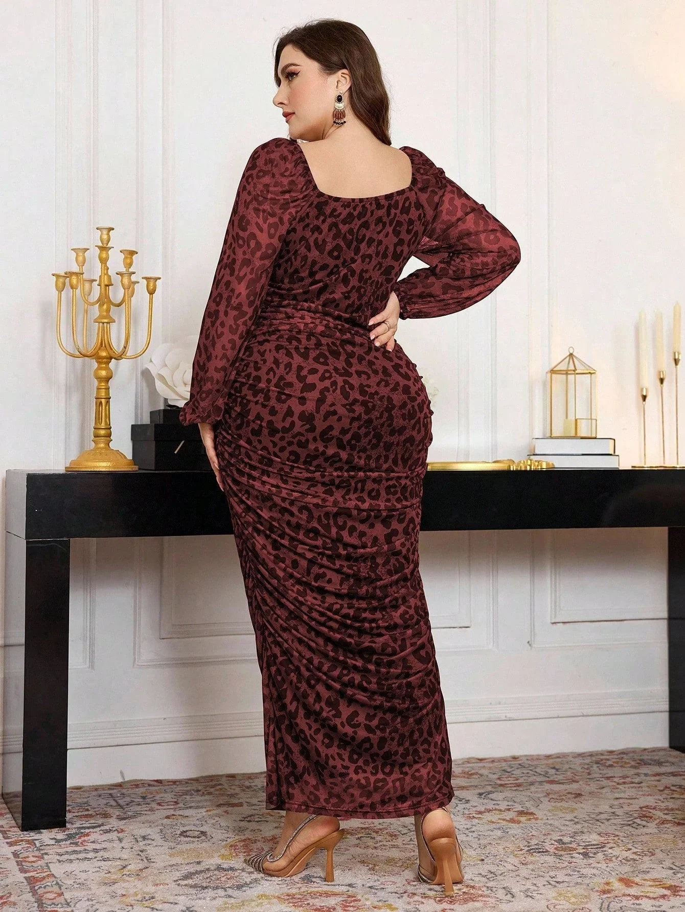 Plus Size Women Square Neck Ruffle Elastic Net Leopard Print Lantern Sleeve Fitted Bodycon Midi Dress FD - Image 2