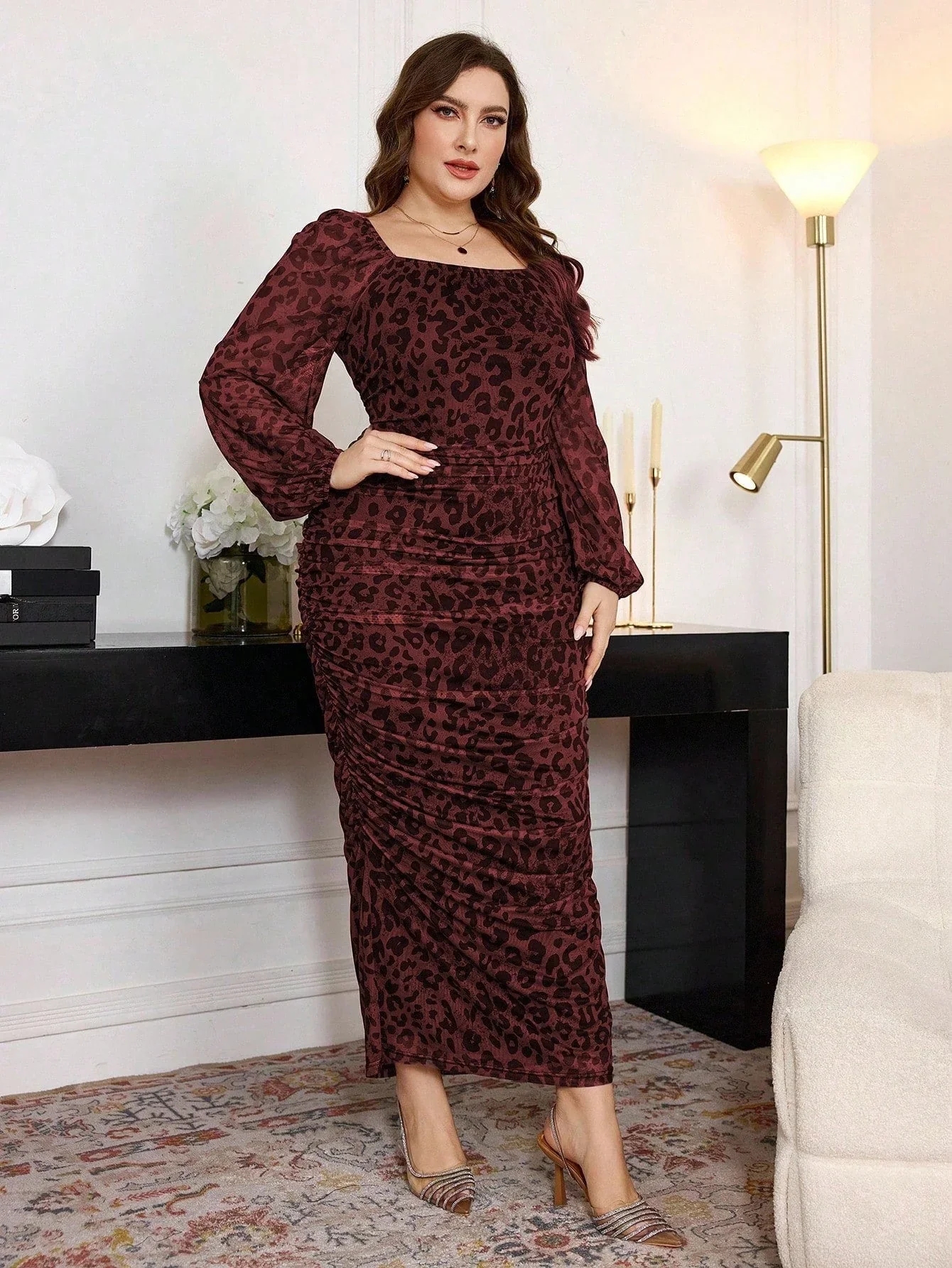 Plus Size Women Square Neck Ruffle Elastic Net Leopard Print Lantern Sleeve Fitted Bodycon Midi Dress FD - Image 3