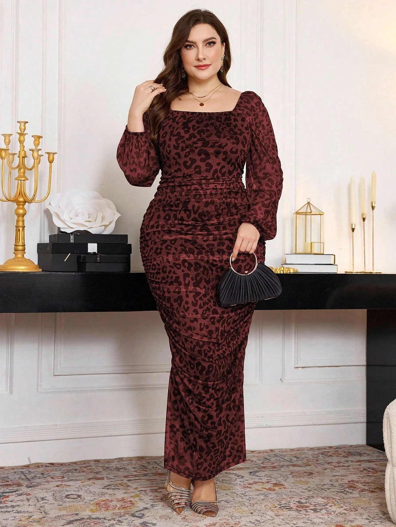 Plus Size Women Square Neck Ruffle Elastic Net Leopard Print Lantern Sleeve Fitted Bodycon Midi Dress FD - Image 7