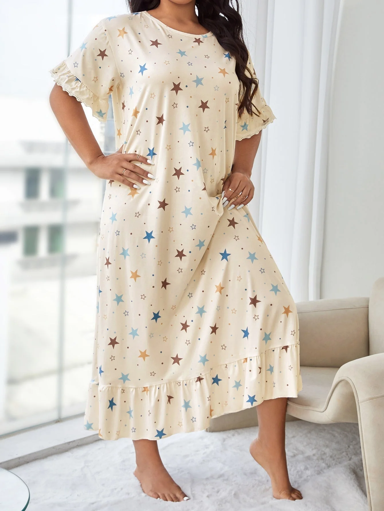 Plus Star Print Ruffle Hem Nightdress - Image 5