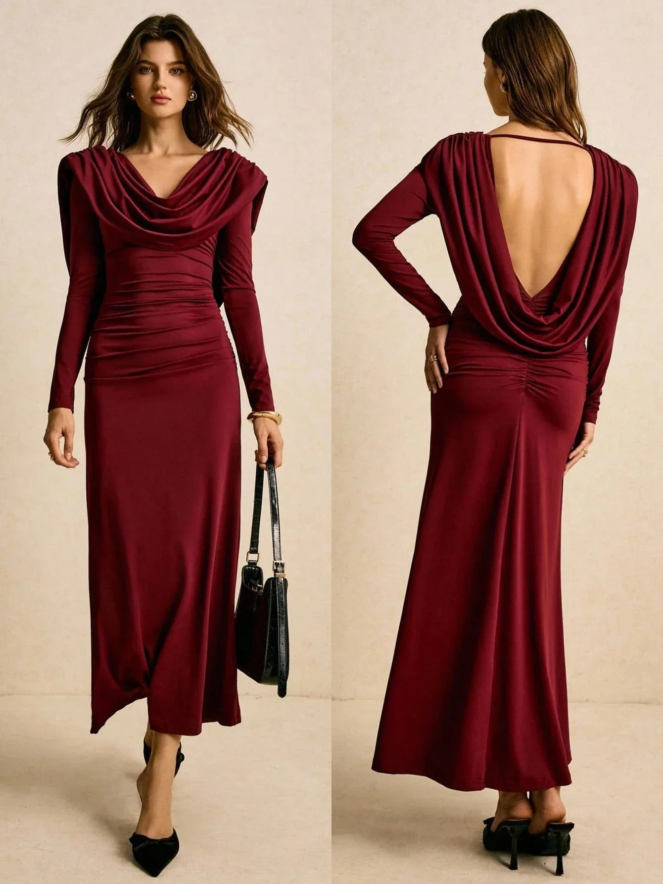 Poéselle Burgundy Draped Cowl-Neck Ruched Maxi Dress –Christmas Clothes , Halloween Costume For Women , Elegant Long-Sleeve Evening Gown,Women's Solid Color Draped Dress, Elegant Long Sleeve Cowl Neck Dress Maroon Dress Long Sleeve Maxi Dress Women Ruched