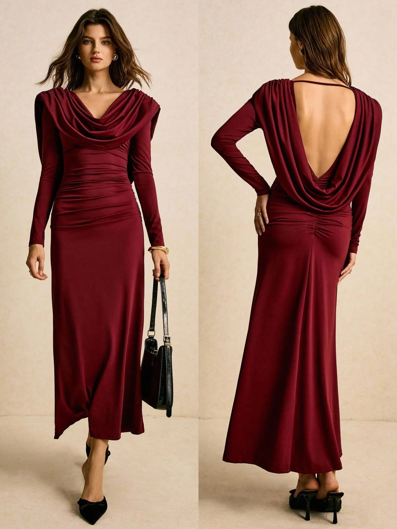 Poéselle Burgundy Draped Cowl-Neck Ruched Maxi Dress –Christmas Clothes , Halloween Costume For Women , Elegant Long-Sleeve Evening Gown,Women's Solid Color Draped Dress, Elegant Long Sleeve Cowl Neck Dress Maroon Dress Long Sleeve Maxi Dress Women Ruched - Image 2