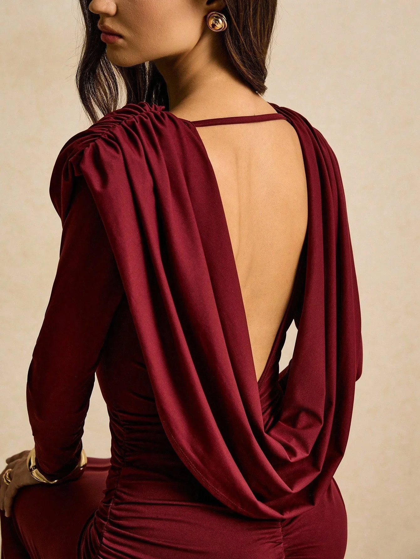 Poéselle Burgundy Draped Cowl-Neck Ruched Maxi Dress –Christmas Clothes , Halloween Costume For Women , Elegant Long-Sleeve Evening Gown,Women's Solid Color Draped Dress, Elegant Long Sleeve Cowl Neck Dress Maroon Dress Long Sleeve Maxi Dress Women Ruched - Image 3