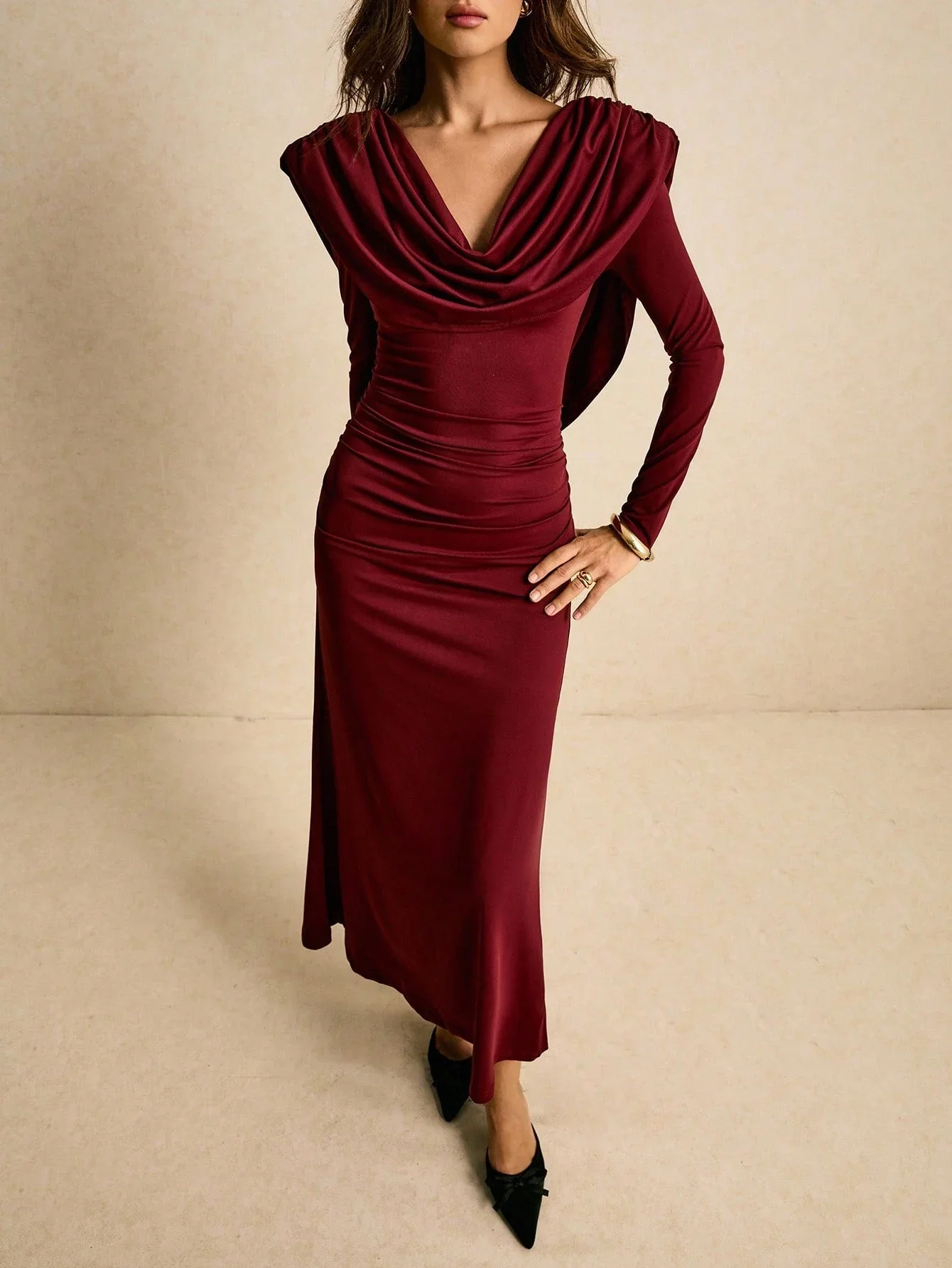Poéselle Burgundy Draped Cowl-Neck Ruched Maxi Dress –Christmas Clothes , Halloween Costume For Women , Elegant Long-Sleeve Evening Gown,Women's Solid Color Draped Dress, Elegant Long Sleeve Cowl Neck Dress Maroon Dress Long Sleeve Maxi Dress Women Ruched - Image 6