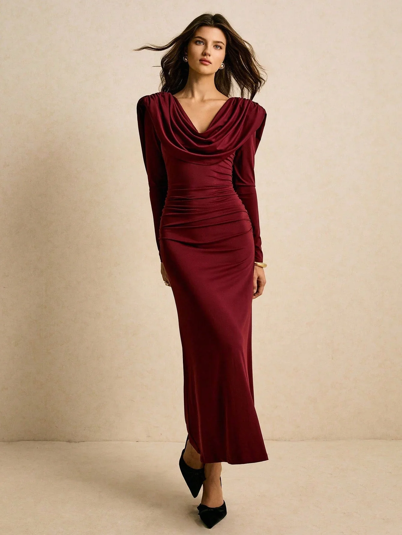 Poéselle Burgundy Draped Cowl-Neck Ruched Maxi Dress –Christmas Clothes , Halloween Costume For Women , Elegant Long-Sleeve Evening Gown,Women's Solid Color Draped Dress, Elegant Long Sleeve Cowl Neck Dress Maroon Dress Long Sleeve Maxi Dress Women Ruched - Image 7