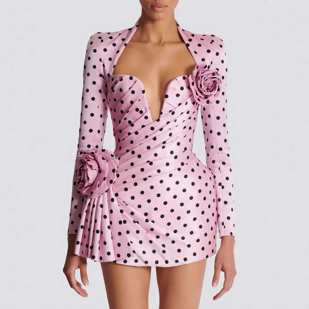 Polka Dot Promenade | Deep V-Neck 3D Floral Mini Dress
