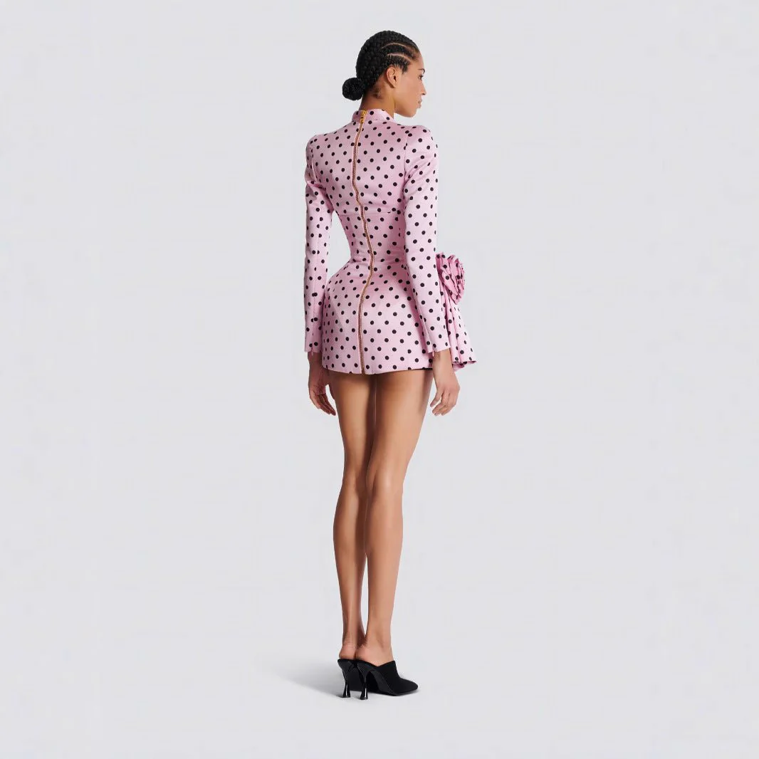 Polka Dot Promenade | Deep V-Neck 3D Floral Mini Dress - Image 3