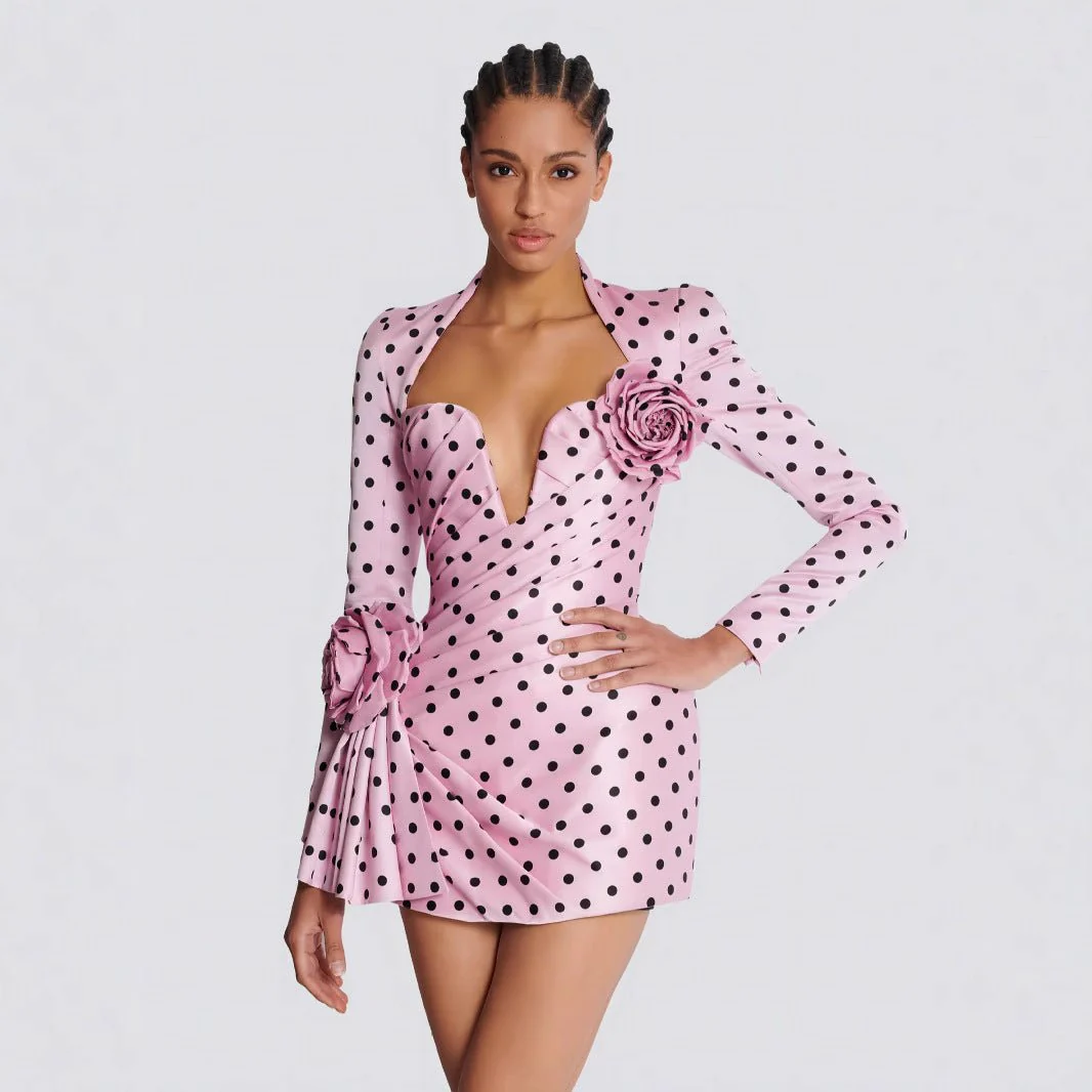 Polka Dot Promenade | Deep V-Neck 3D Floral Mini Dress - Image 4