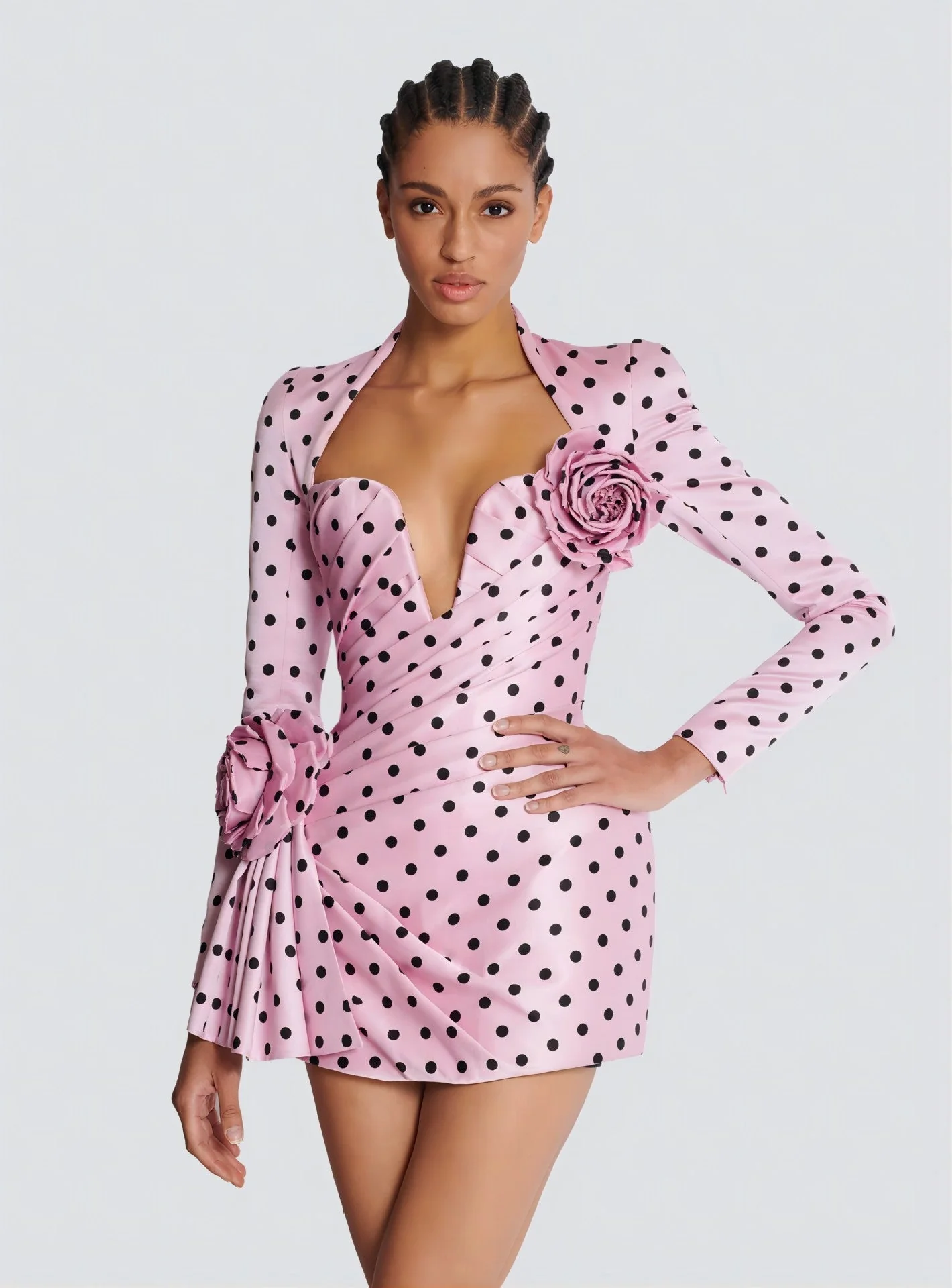 Polka Dot Promenade | Deep V-Neck 3D Floral Mini Dress - Image 6