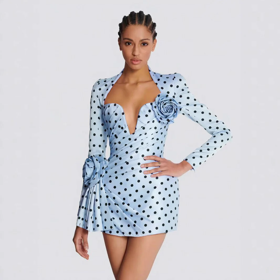Polka Dot Promenade | Deep V-Neck 3D Floral Mini Dress - Image 7