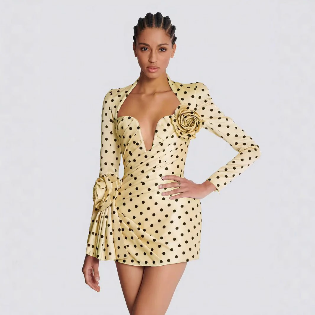 Polka Dot Promenade | Deep V-Neck 3D Floral Mini Dress - Image 8
