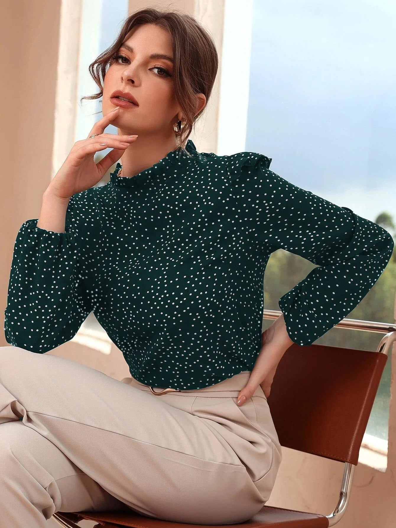 Polka Dot Ruffle Trim Frilled Neck Blouse - Image 10