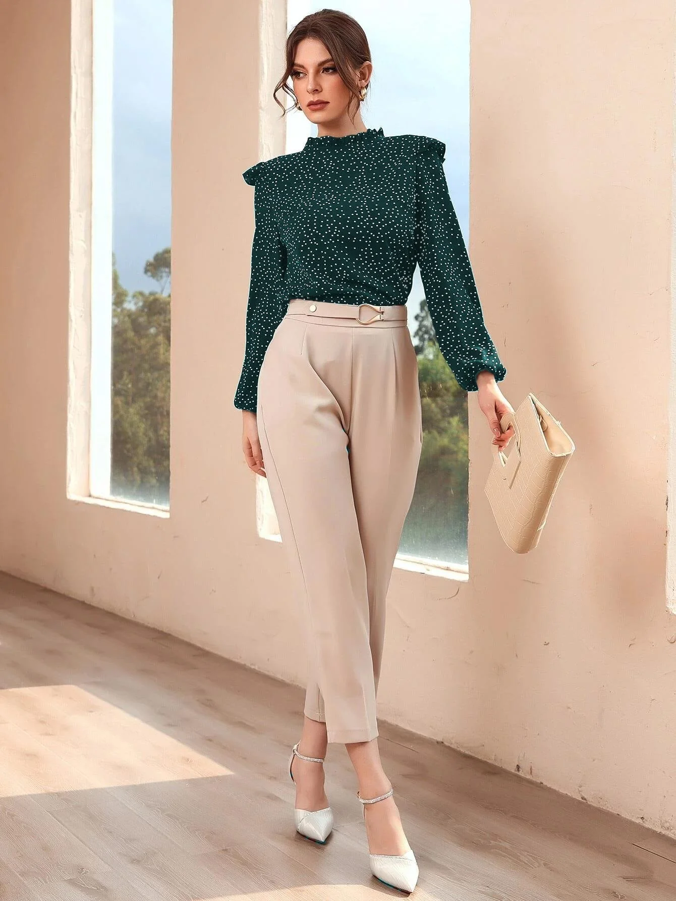 Polka Dot Ruffle Trim Frilled Neck Blouse - Image 11