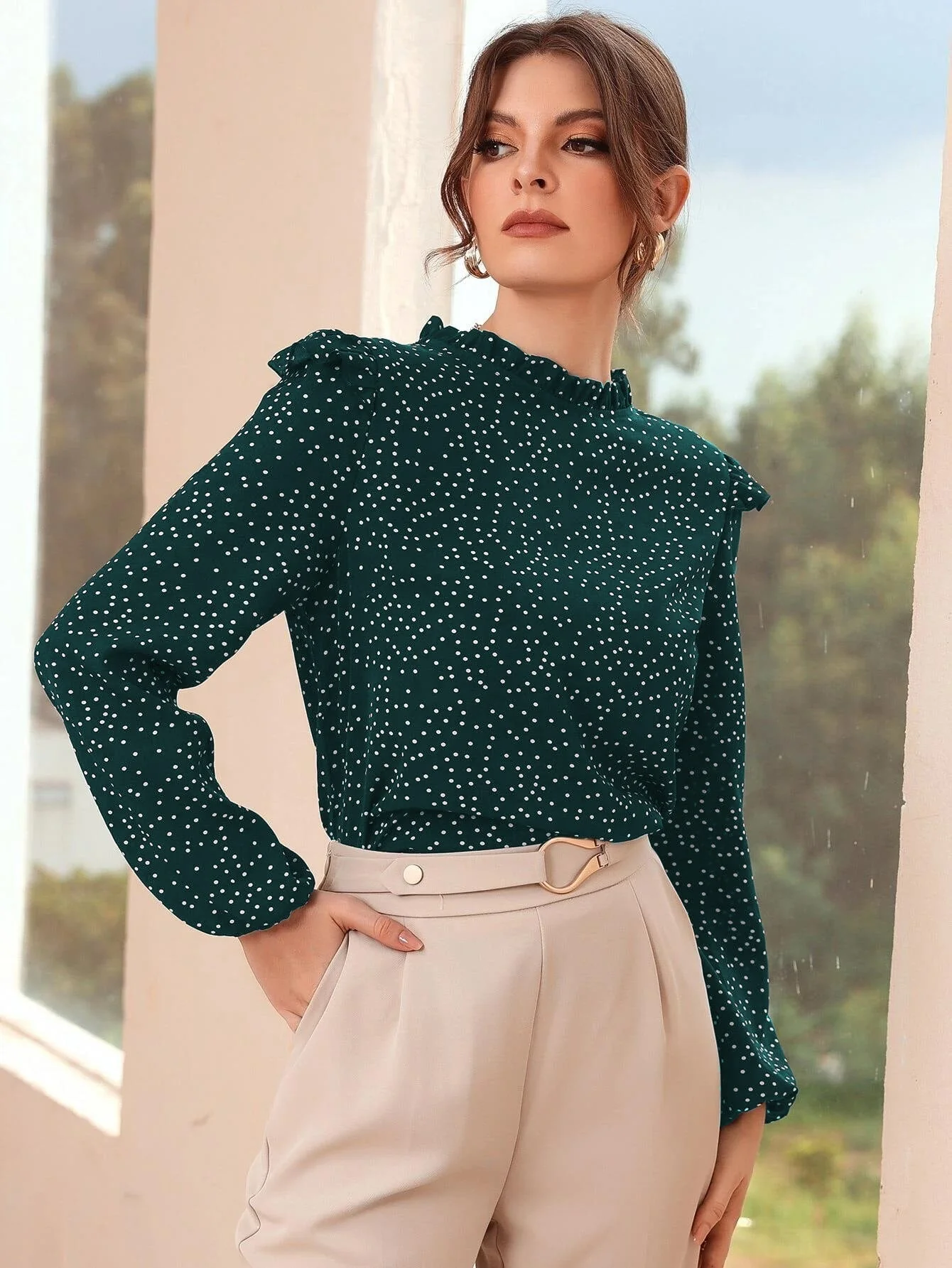 Polka Dot Ruffle Trim Frilled Neck Blouse - Image 12