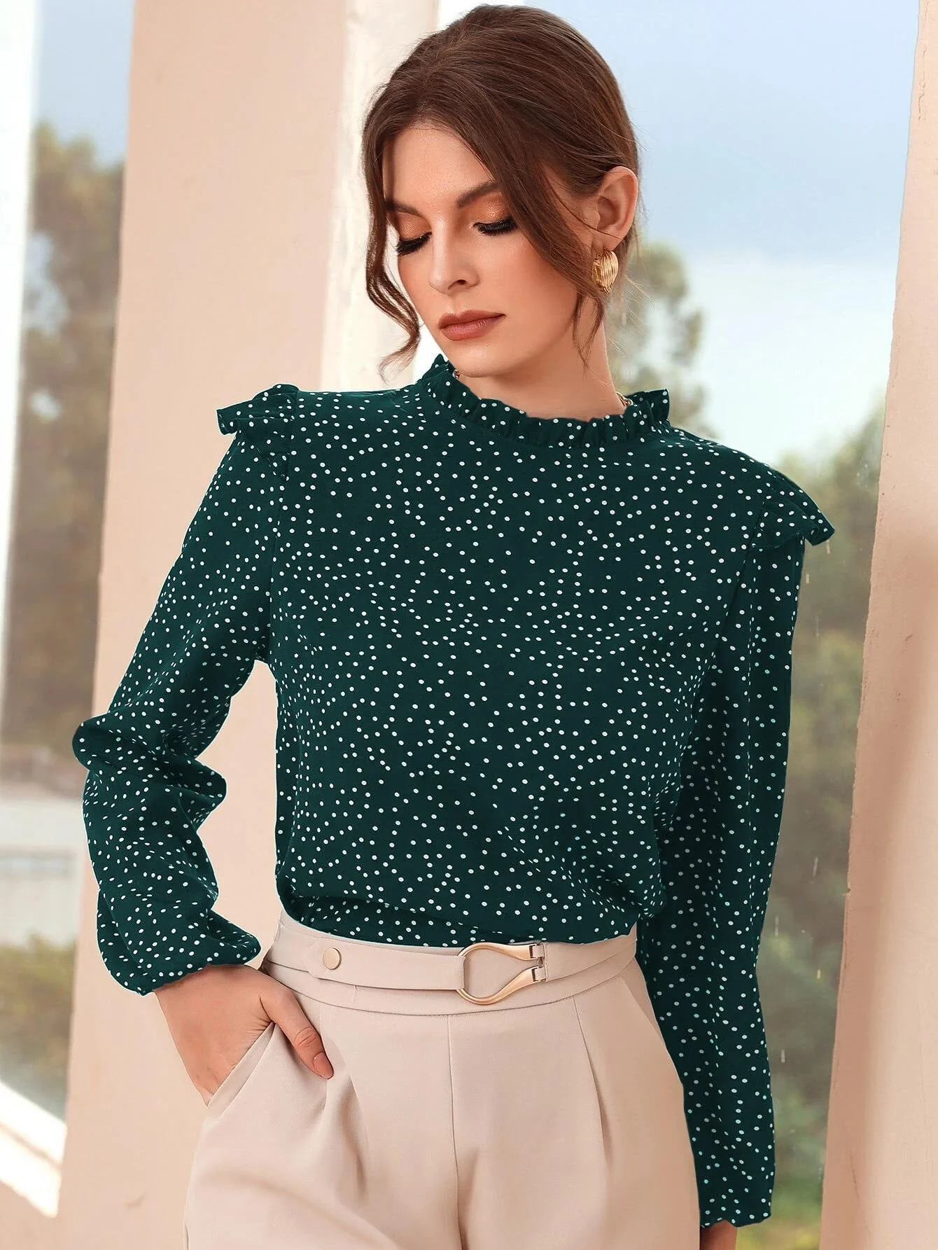 Polka Dot Ruffle Trim Frilled Neck Blouse - Image 13