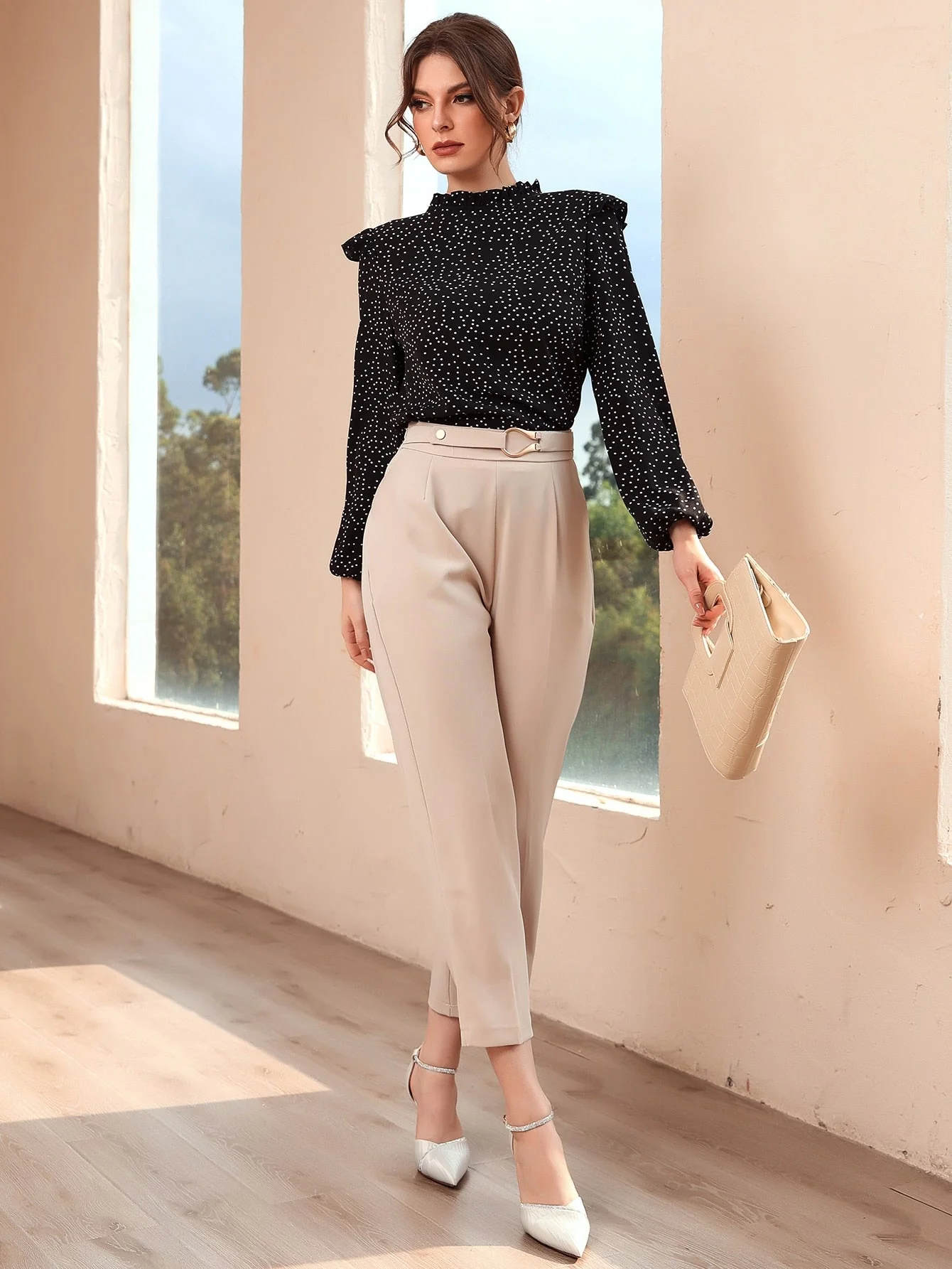 Polka Dot Ruffle Trim Frilled Neck Blouse - Image 4