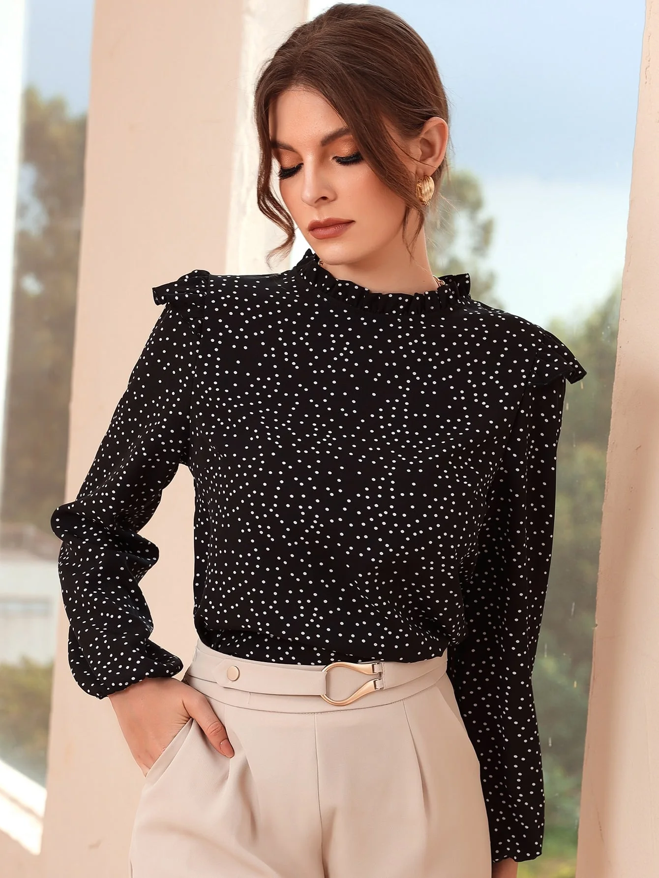 Polka Dot Ruffle Trim Frilled Neck Blouse - Image 5