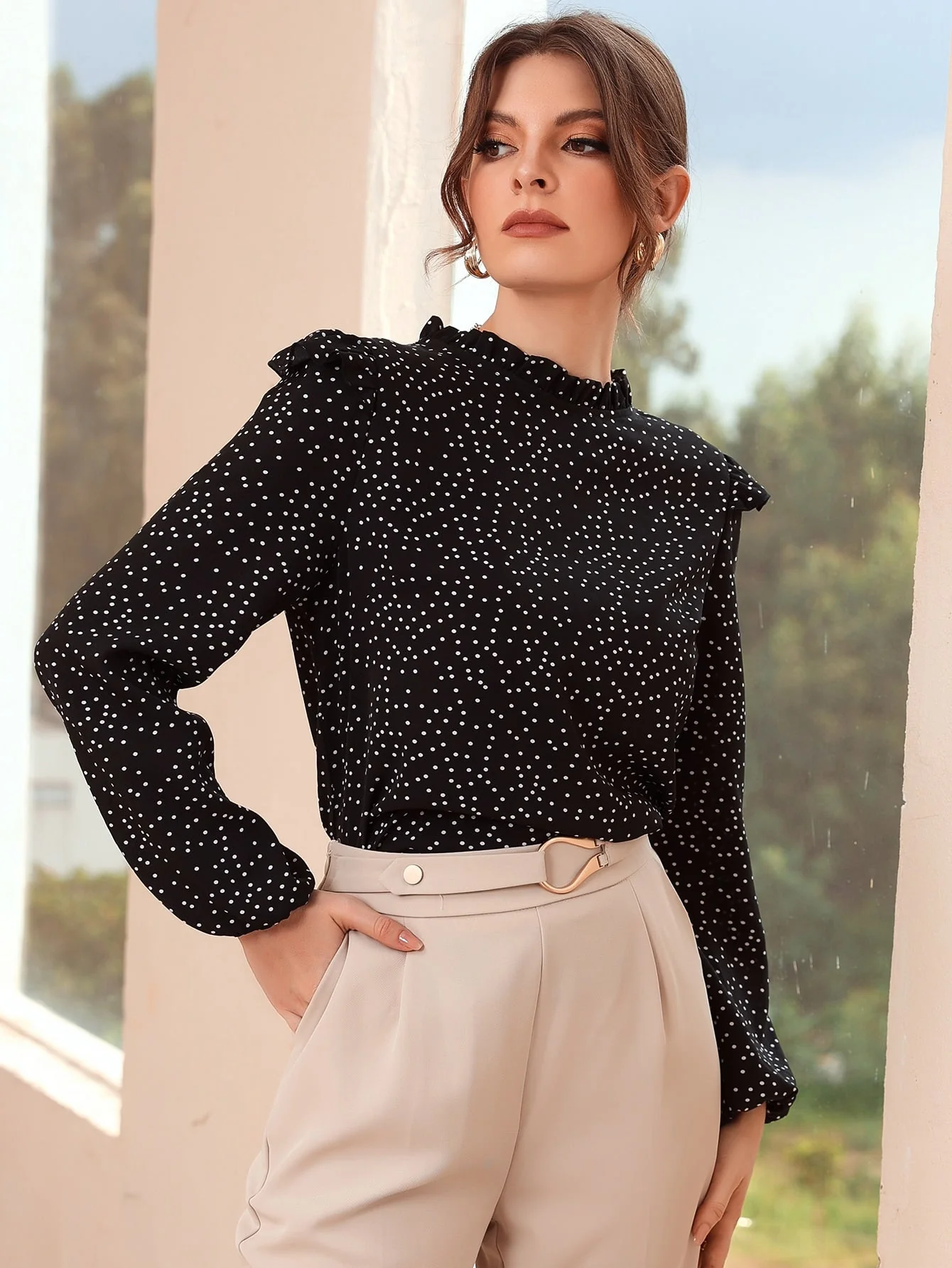 Polka Dot Ruffle Trim Frilled Neck Blouse - Image 6
