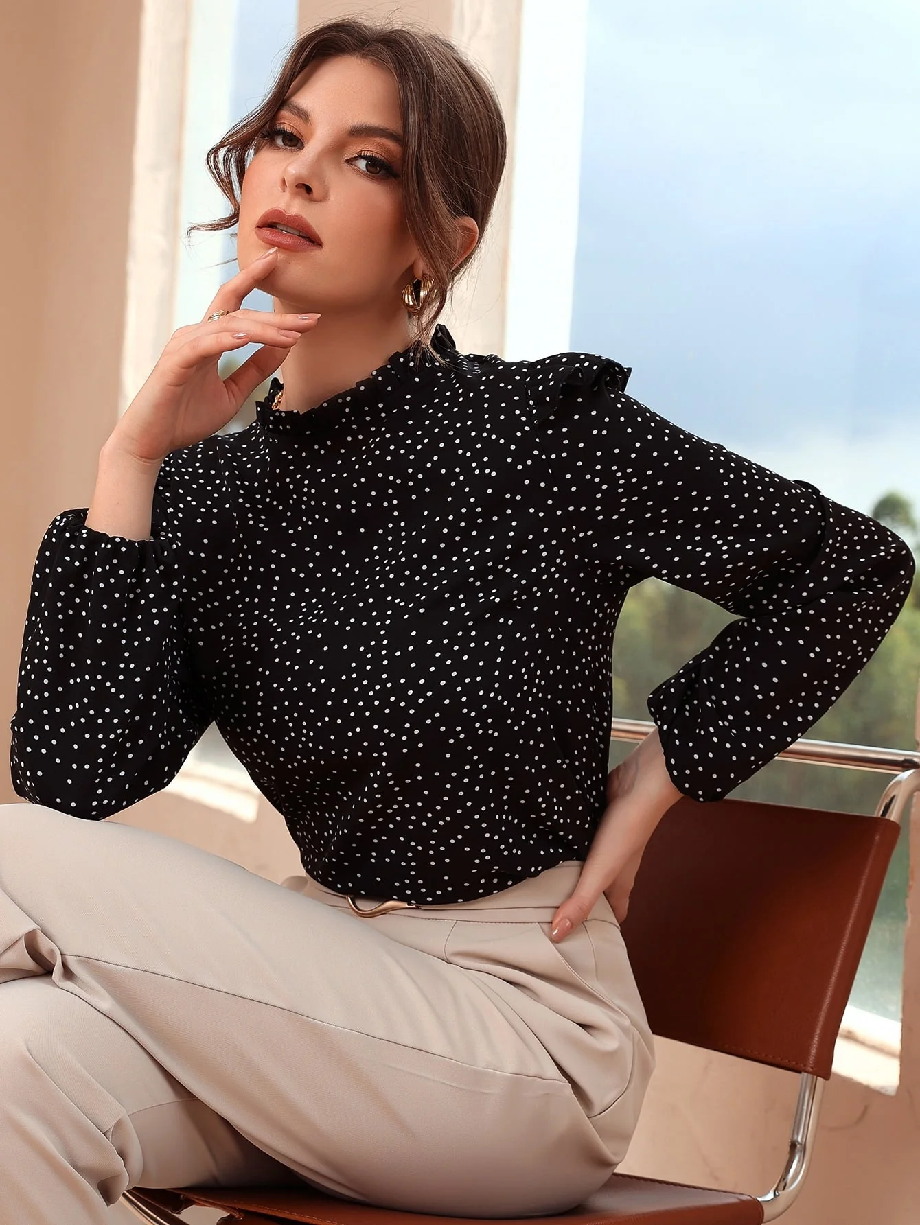 Polka Dot Ruffle Trim Frilled Neck Blouse - Image 8