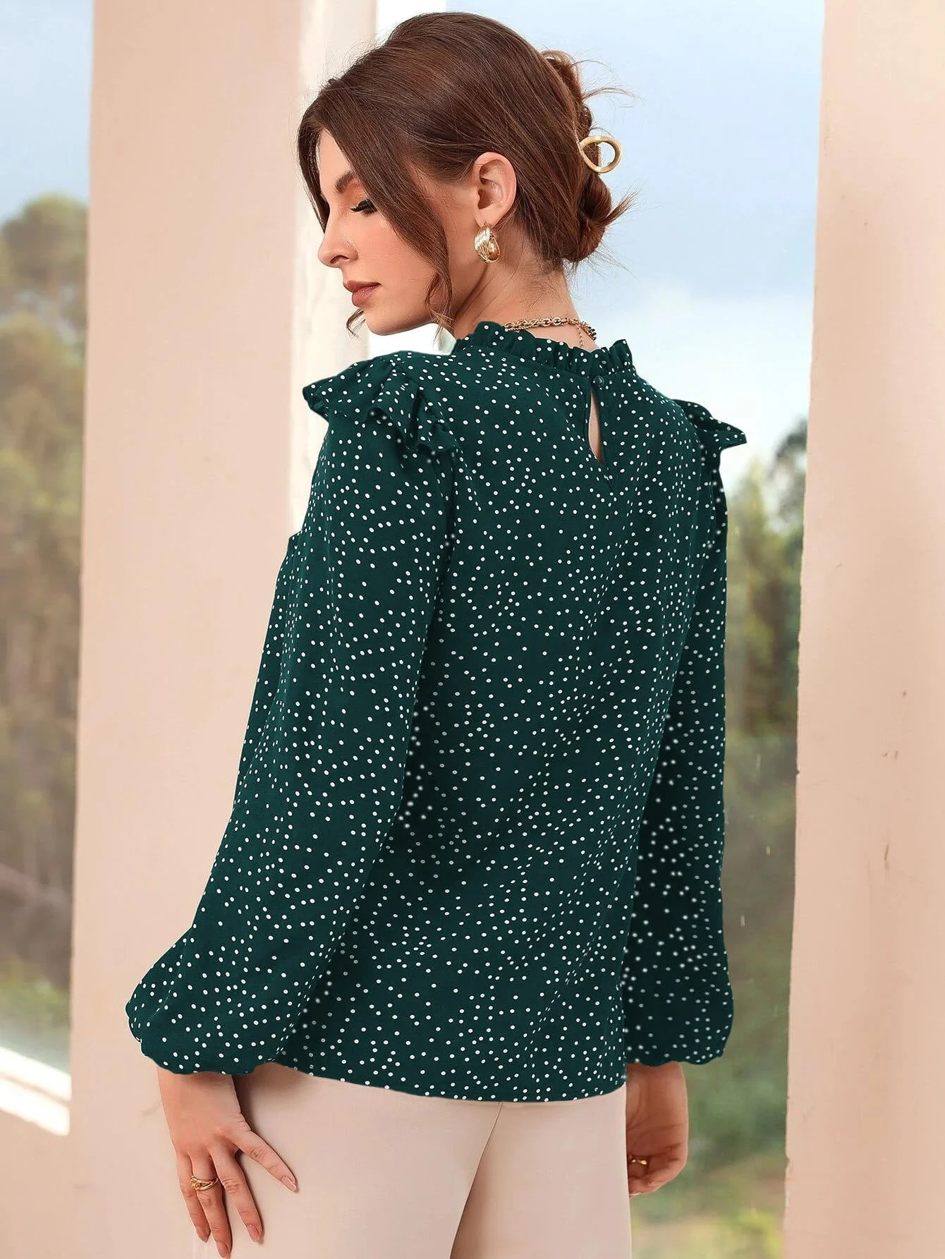 Polka Dot Ruffle Trim Frilled Neck Blouse - Image 9