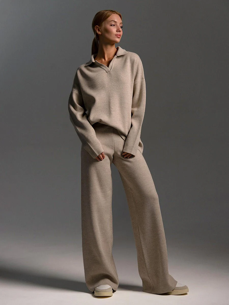Polo collar knitted pullover + wide-leg trousers two-piece suit