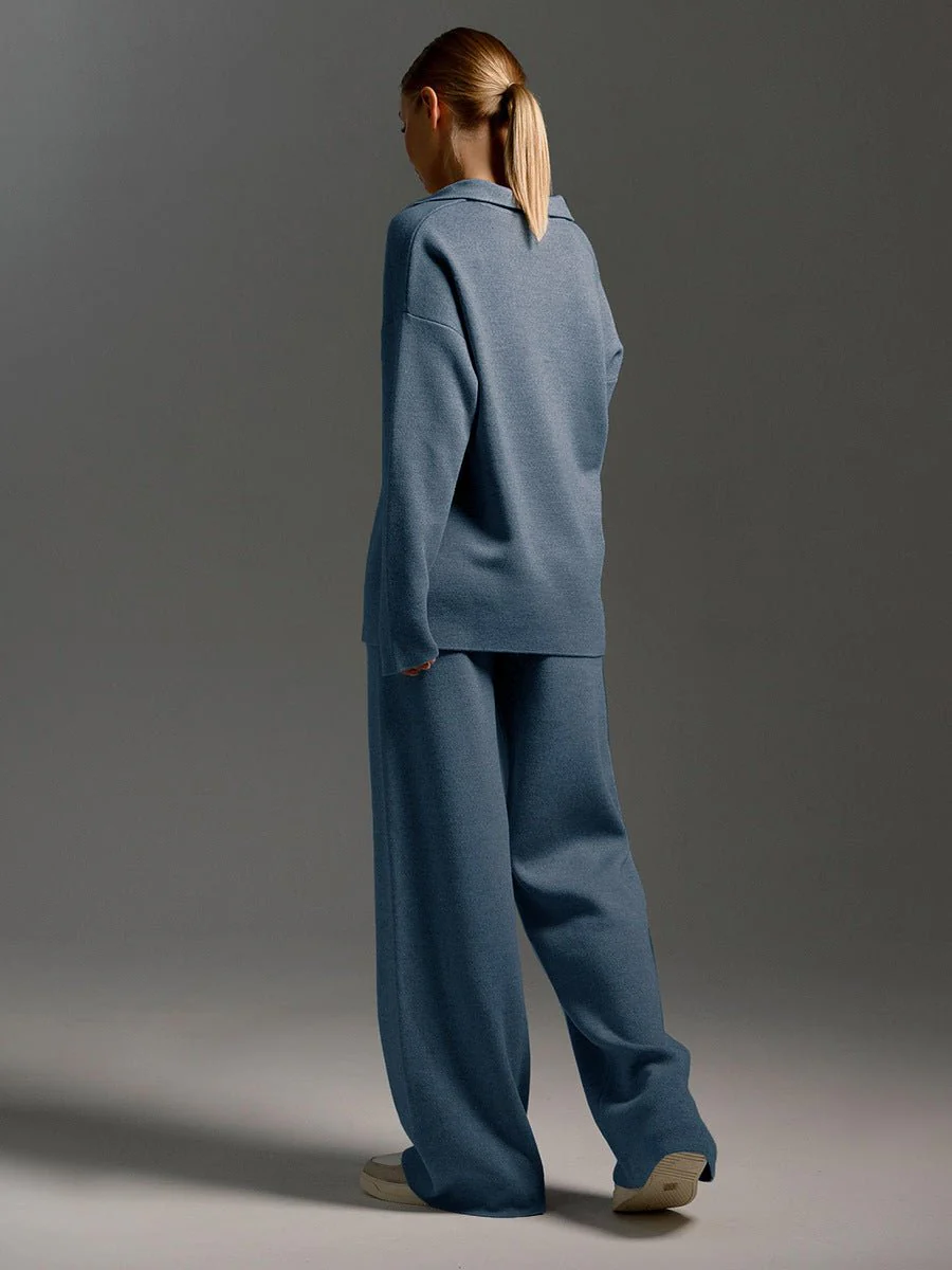 Polo collar knitted pullover + wide-leg trousers two-piece suit - Image 11