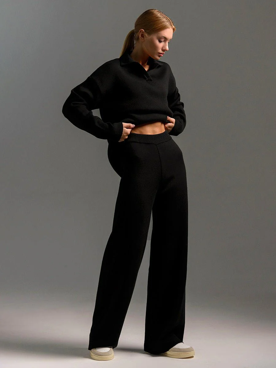 Polo collar knitted pullover + wide-leg trousers two-piece suit - Image 15