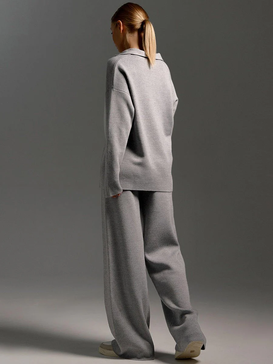 Polo collar knitted pullover + wide-leg trousers two-piece suit - Image 18