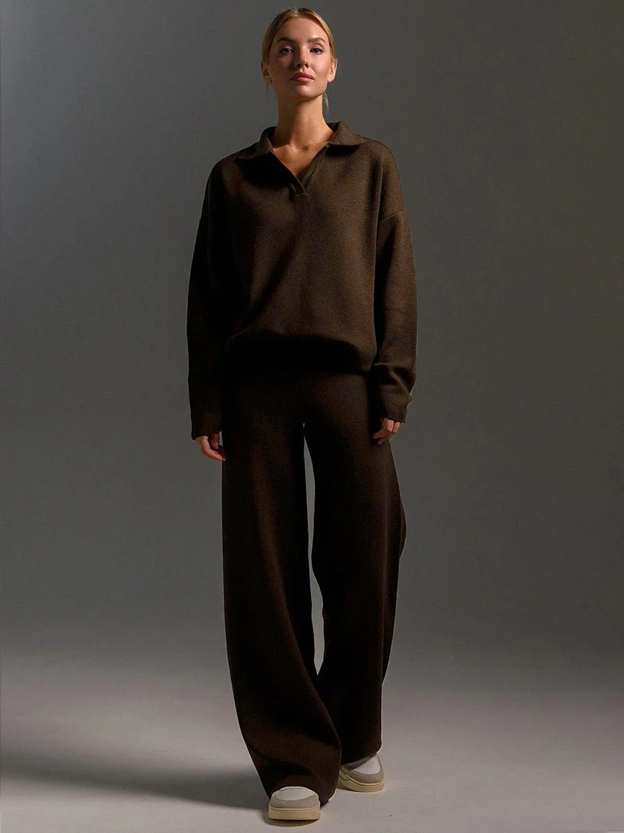Polo collar knitted pullover + wide-leg trousers two-piece suit - Image 21