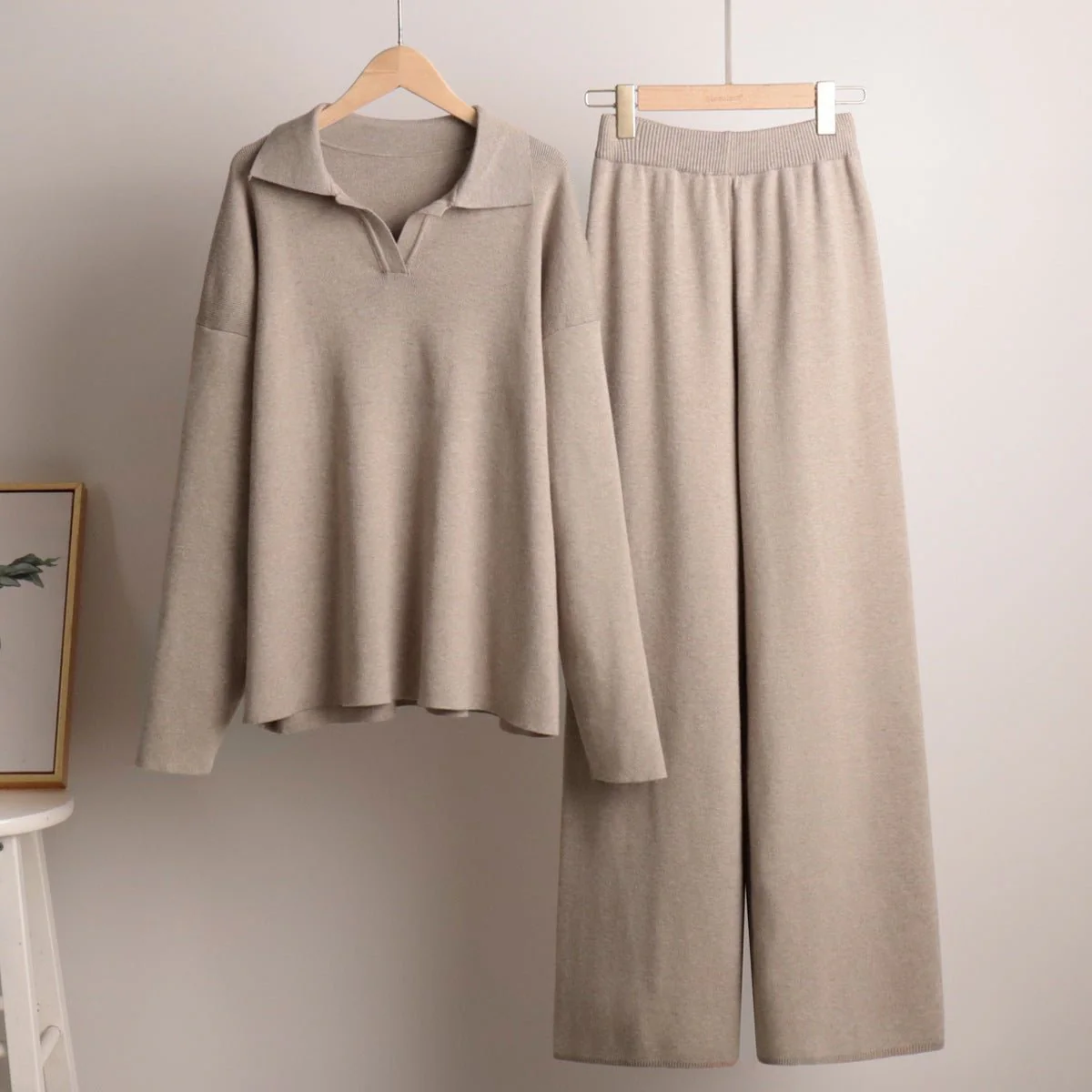 Polo collar knitted pullover + wide-leg trousers two-piece suit - Image 6