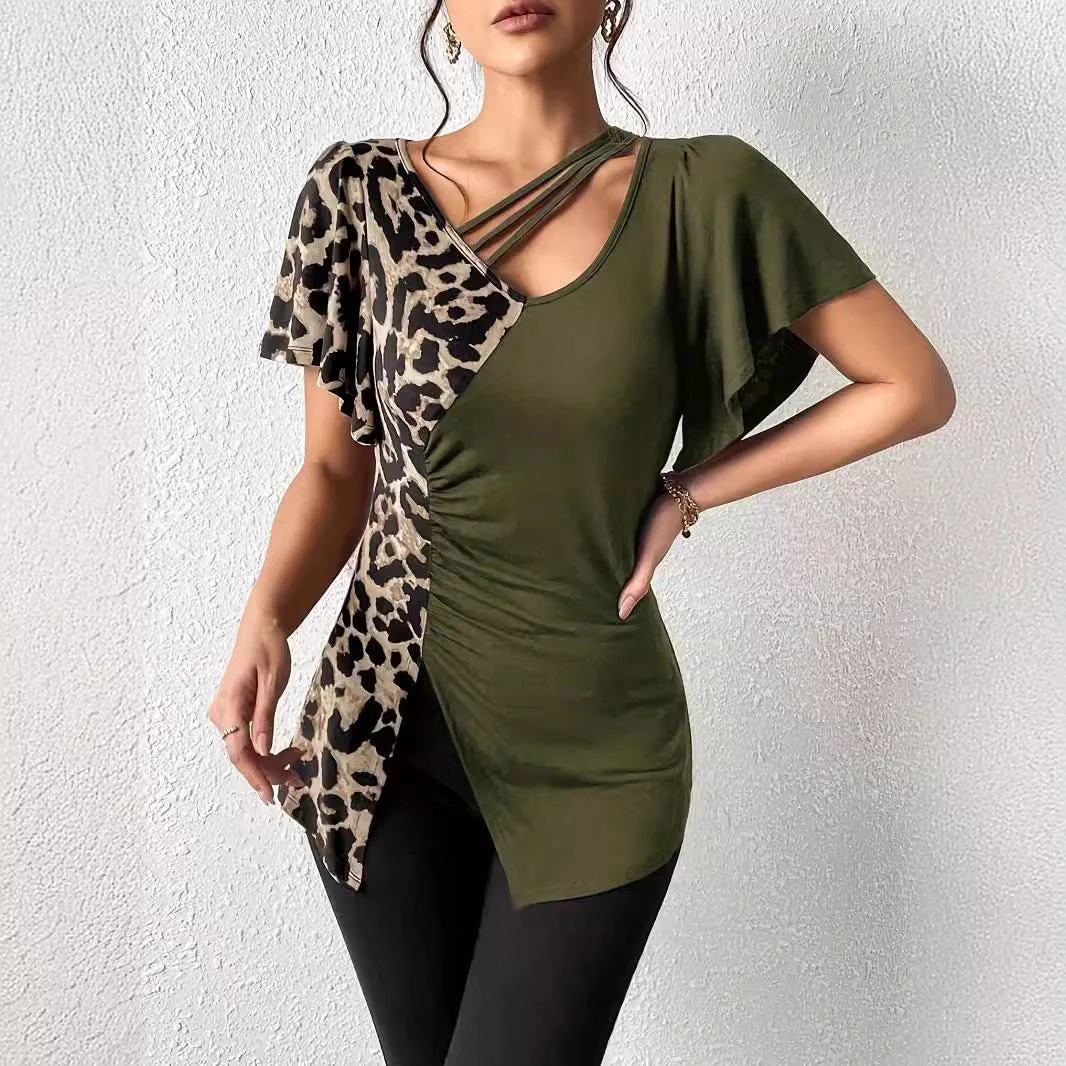 Popular leopard print asymmetric collar butterfly sleeve splicing top women - Image 2