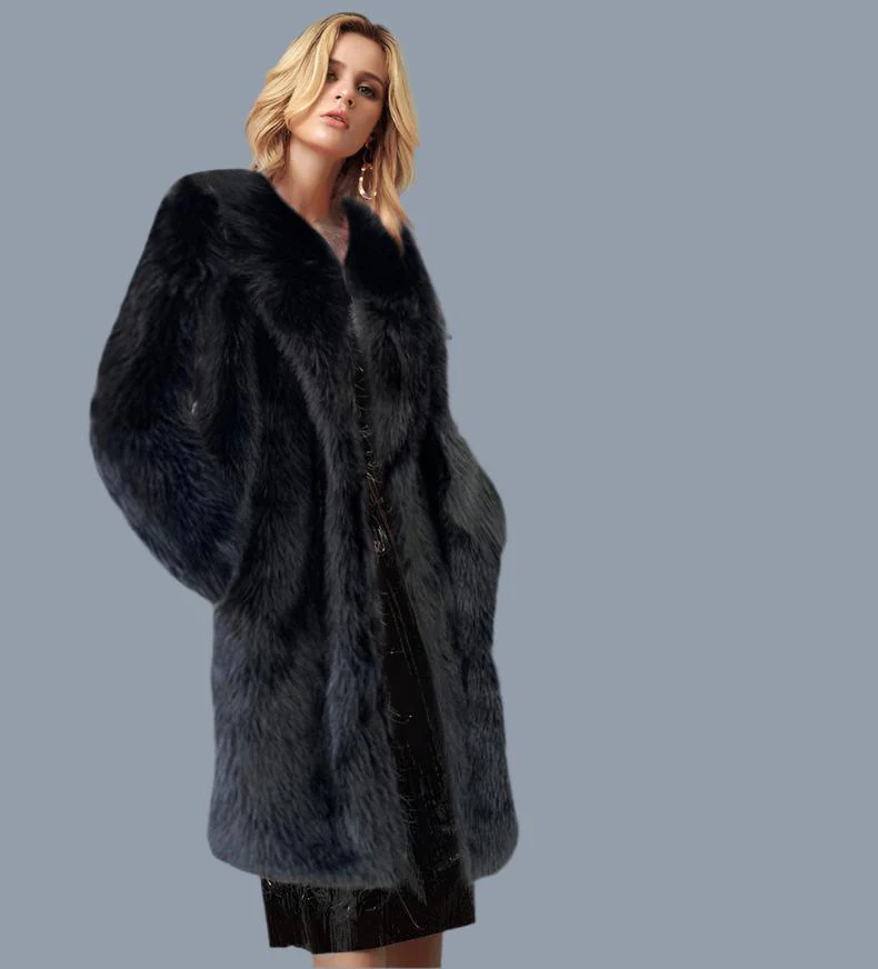 Premium Women's long Toka faux fur suit collar coat faux fur faux fur jacket FD - Image 9