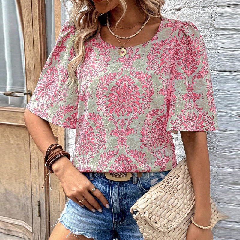 Printed half-sleeved shirt pullover top