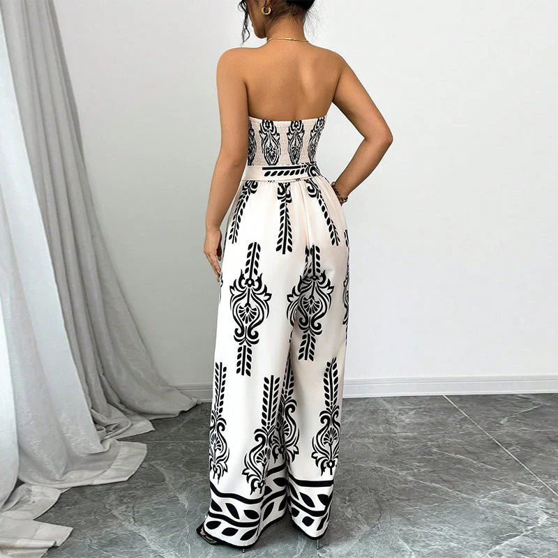 Printed jumpsuit wide-leg slim-fit lace-up jumpsuit - Image 2