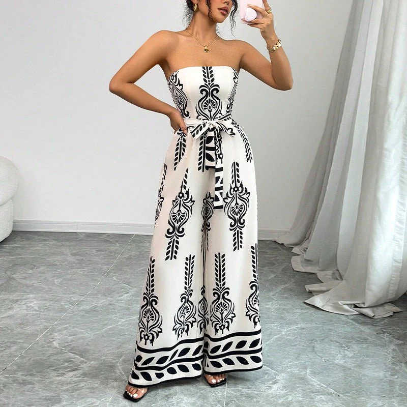 Printed jumpsuit wide-leg slim-fit lace-up jumpsuit - Image 3