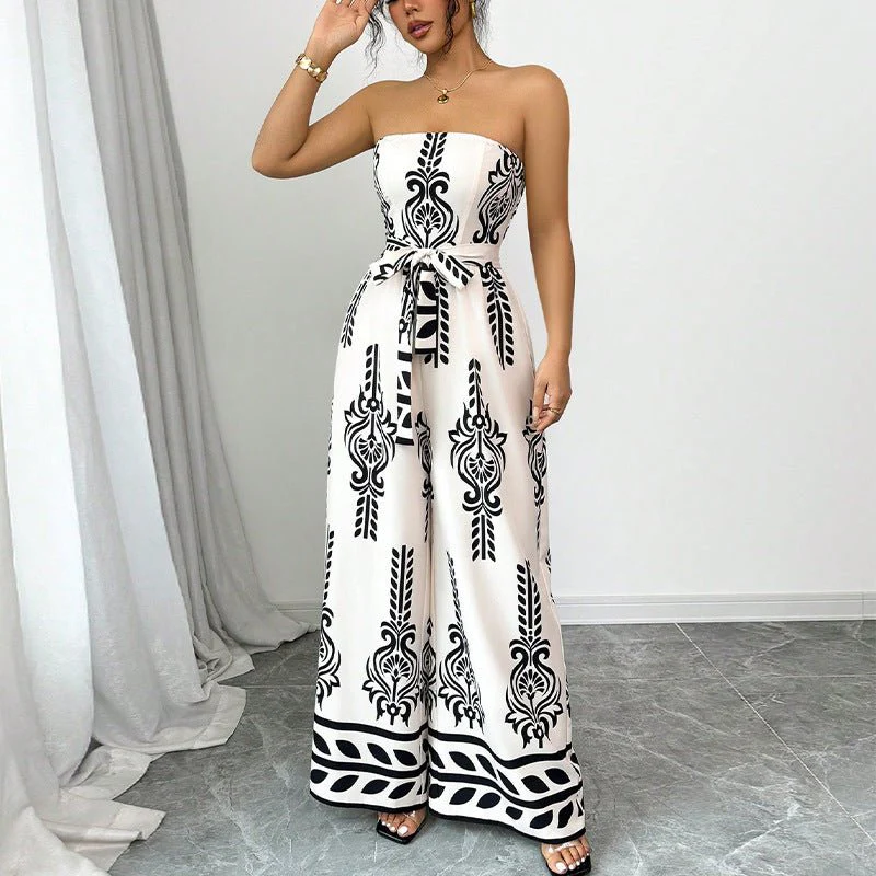 Printed jumpsuit wide-leg slim-fit lace-up jumpsuit - Image 4