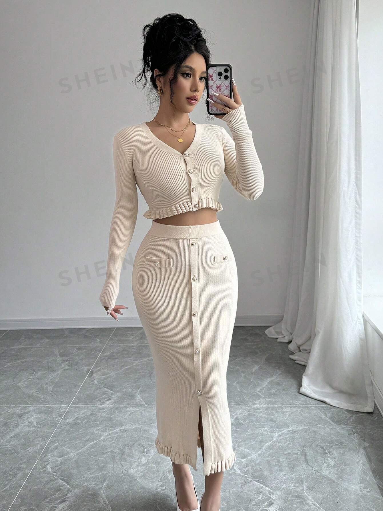 Privé 2pcs/Set Casual Solid Color Cardigan And Knitted Skirt Set - Image 10