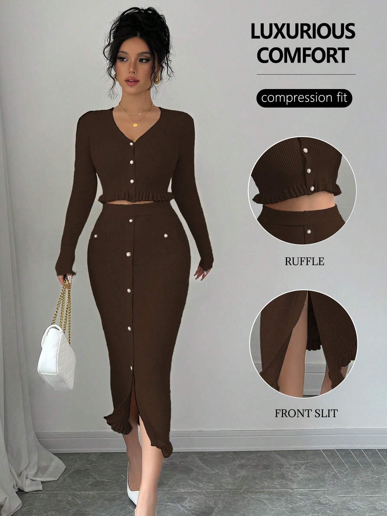 Privé 2pcs/Set Casual Solid Color Cardigan And Knitted Skirt Set - Image 12