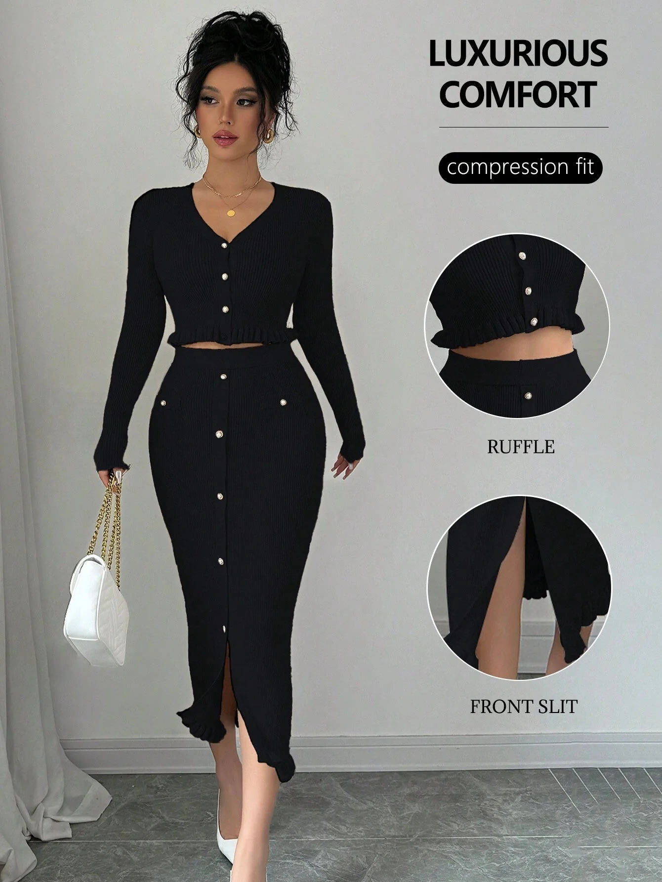 Privé 2pcs/Set Casual Solid Color Cardigan And Knitted Skirt Set - Image 13