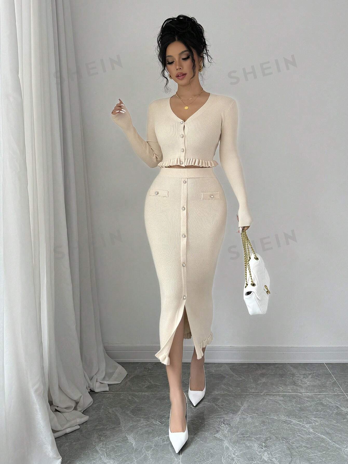 Privé 2pcs/Set Casual Solid Color Cardigan And Knitted Skirt Set - Image 9