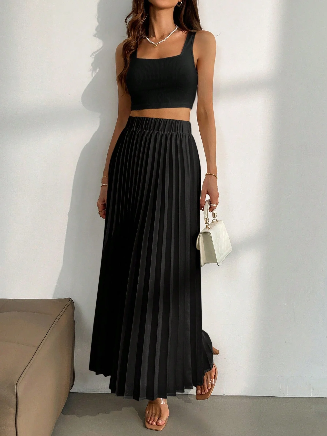 Privé 2pcs Women's White Camisole Top And A-Line Pleated Long Skirt Set