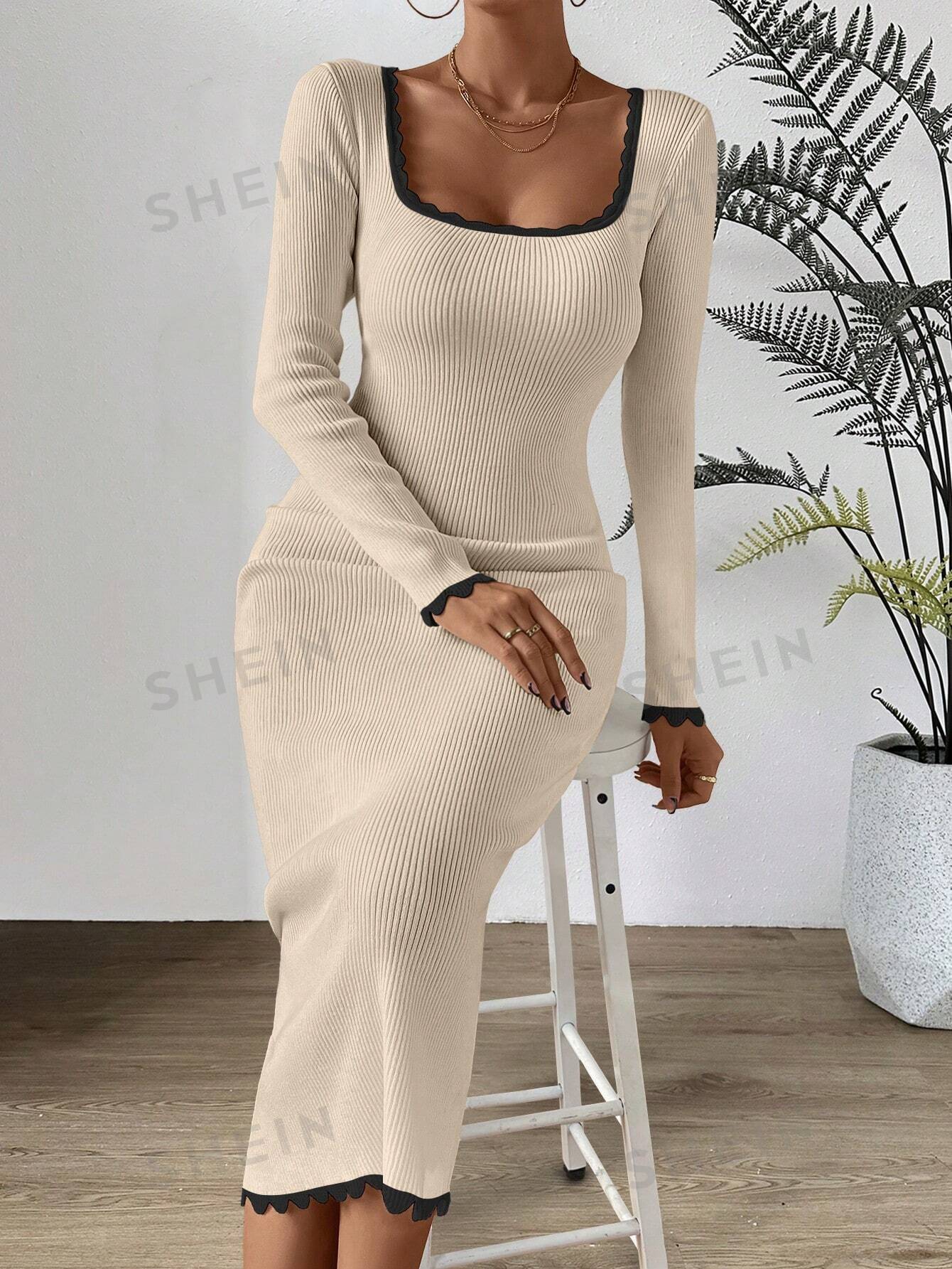 Privé Contrast Binding Square Neck Bodycon Sweater Dress - Image 10