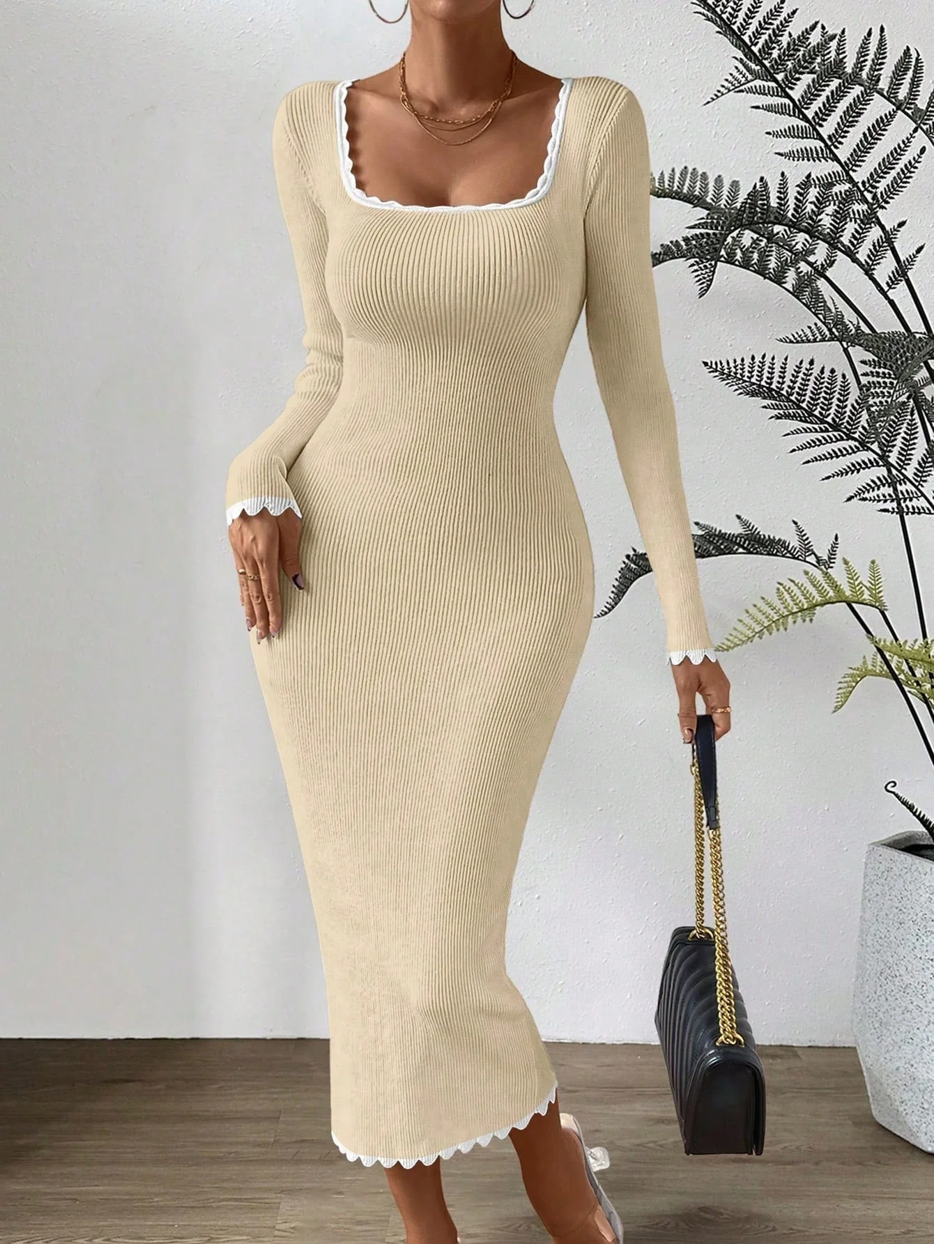 Privé Contrast Binding Square Neck Bodycon Sweater Dress - Image 3