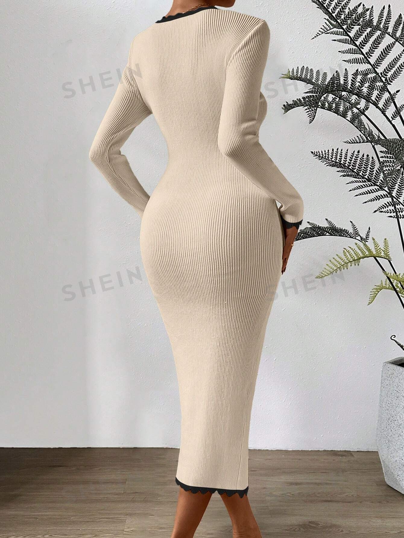Privé Contrast Binding Square Neck Bodycon Sweater Dress - Image 5