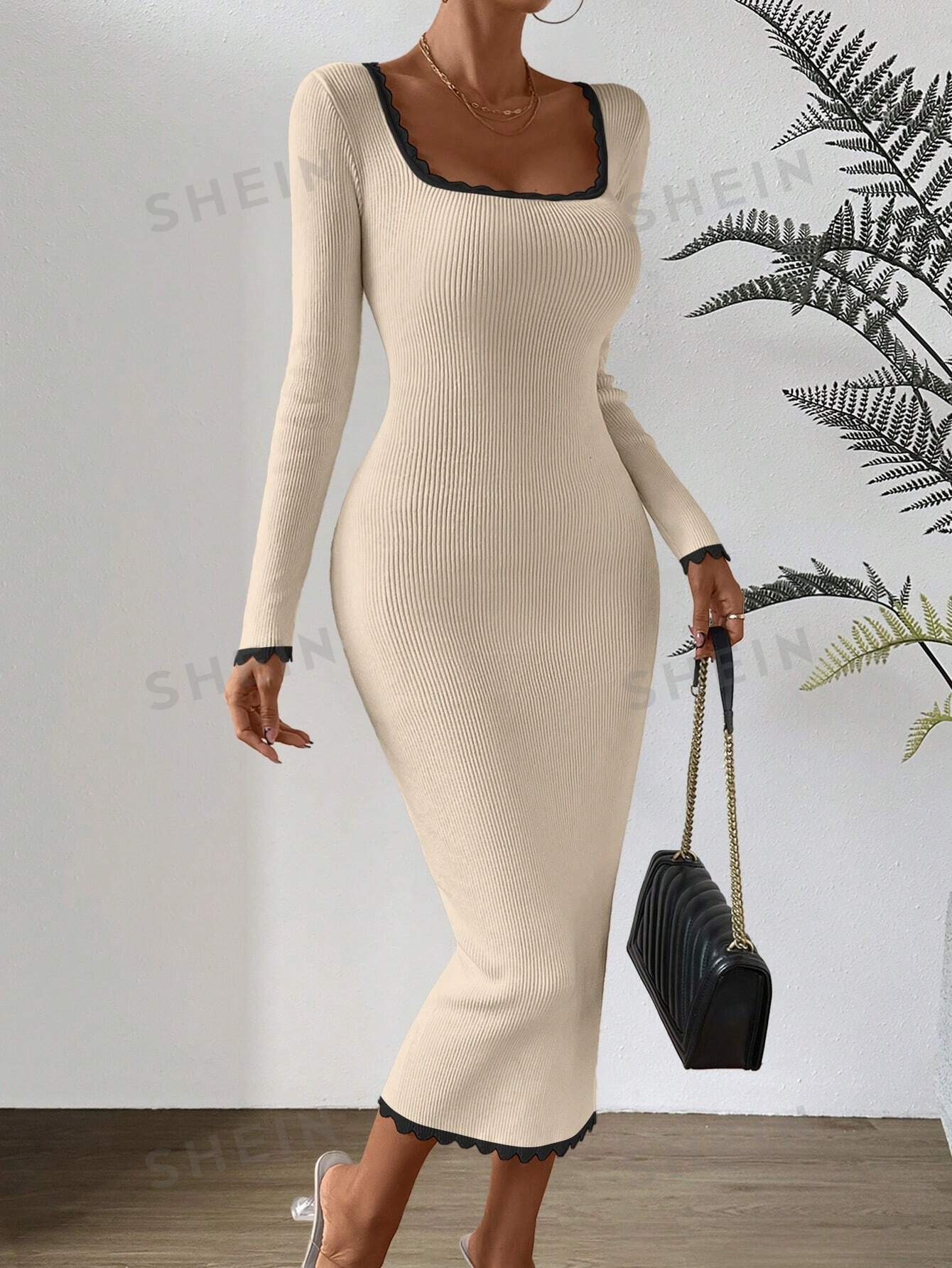 Privé Contrast Binding Square Neck Bodycon Sweater Dress - Image 7