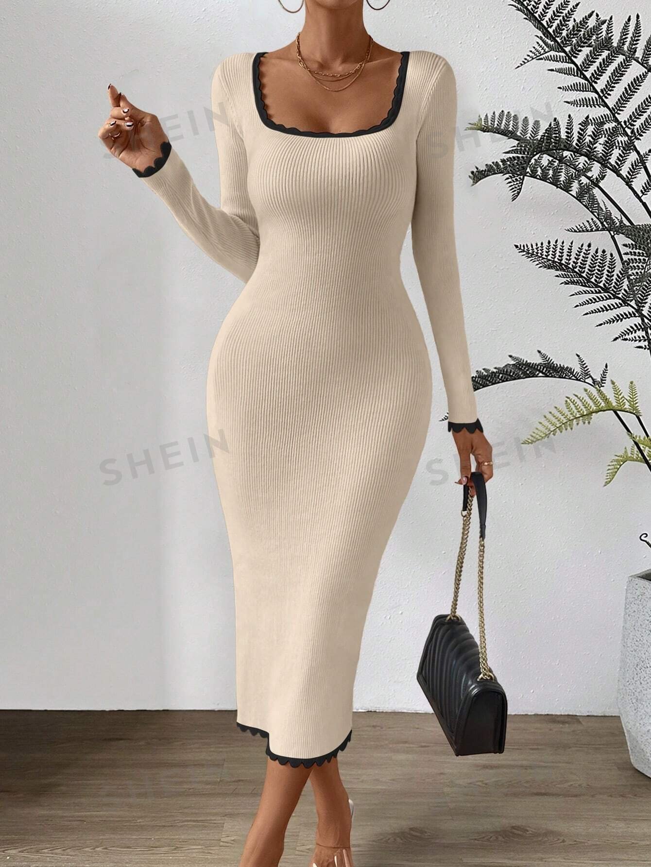 Privé Contrast Binding Square Neck Bodycon Sweater Dress - Image 8